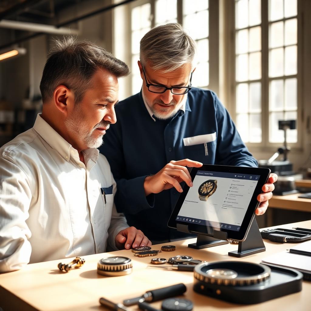 Two artisans reviewing technical drawings in a Geneva atelier